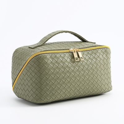 Korean-Style Fashion Large Capacity Makeup Bag High-Quality PU Leather Woven Storage Pouch Multifunctional Cosmetic Bag