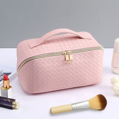 Korean-Style Fashion Large Capacity Makeup Bag High-Quality PU Leather Woven Storage Pouch Multifunctional Cosmetic Bag