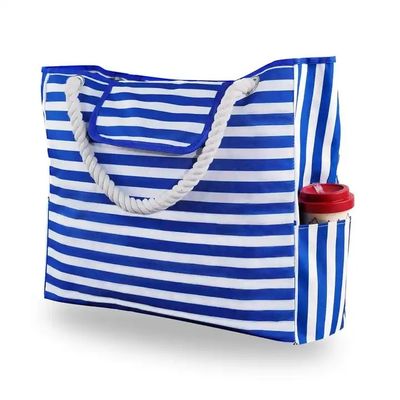Custom Printed Waterproof Stripe Cotton Canvas Beach Bag With Grommet Rope Handle