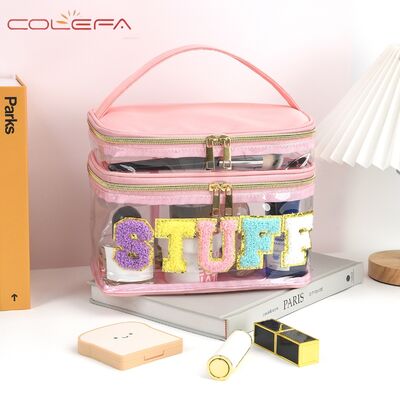 Embroidered Alphabet Storage Pouch PVC Transparent Double-Layer Makeup Bag Travel Toiletry Large Capacity Cosmetic Case