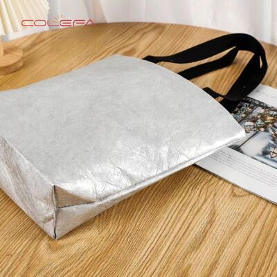 DuPont Paper Bag with Silver Colored with Custom-Printed Logo Side-Handled Tote Bag No Bottom Large Capacity Carry Paper Bag