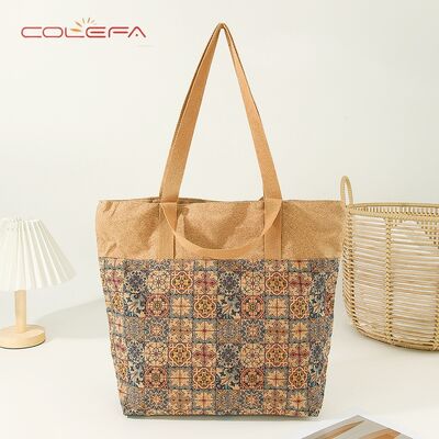 2026 New Trends European Cork Bark Shoulder Tote Bag with Ethnic-Style Printed Tote Bag Eco-Friendly with LOGO